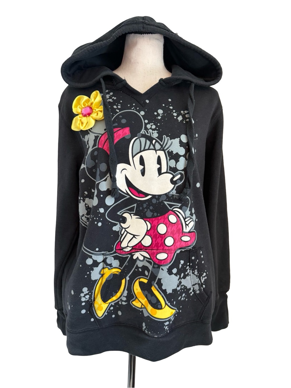 Disney Parks Minnie Mouse Hoodie XL Black Pullover Sweatshirt 3D Flower Graphic
